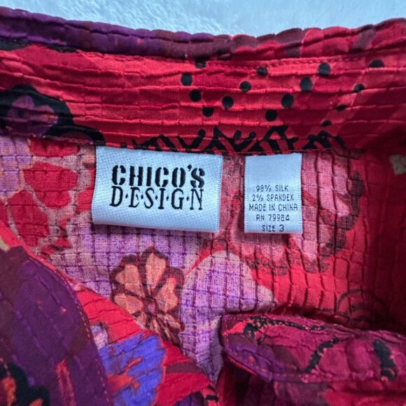Chico's Design Womens Floral Textured Button-Down Shirt Size 3 Silk Blend Red - Picture 3 of 7